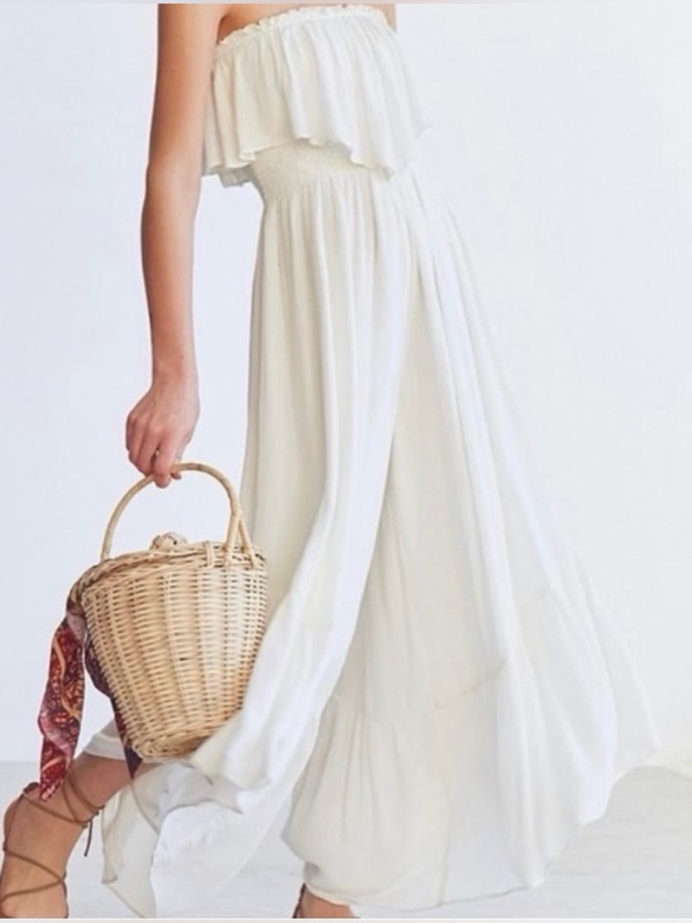 Kimchi Blue UO Ivory Cream Tube Ruffle Maxi Jumpsuit